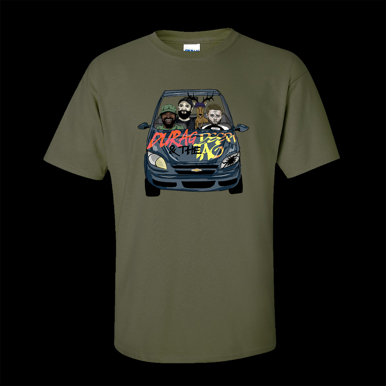 Military green T-shirt from the Durag and the Deer tag Podcast with the Hooptie design