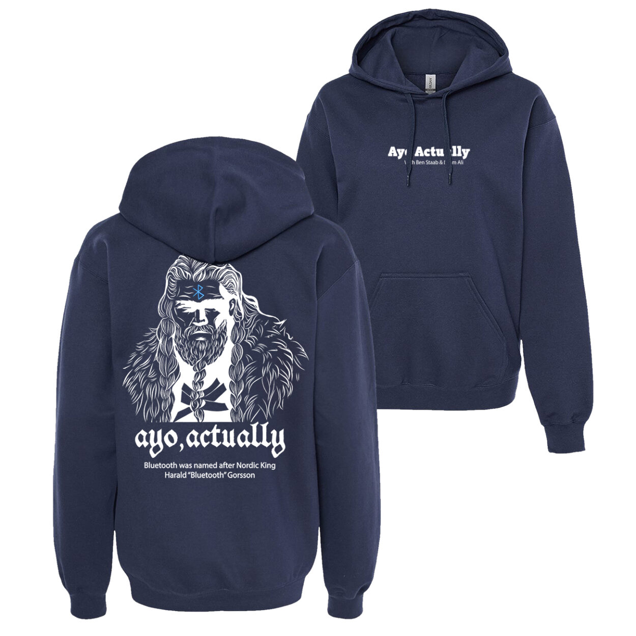 Bluetooth Navy Ayo Actually Hoodie PODCAST MERCH
