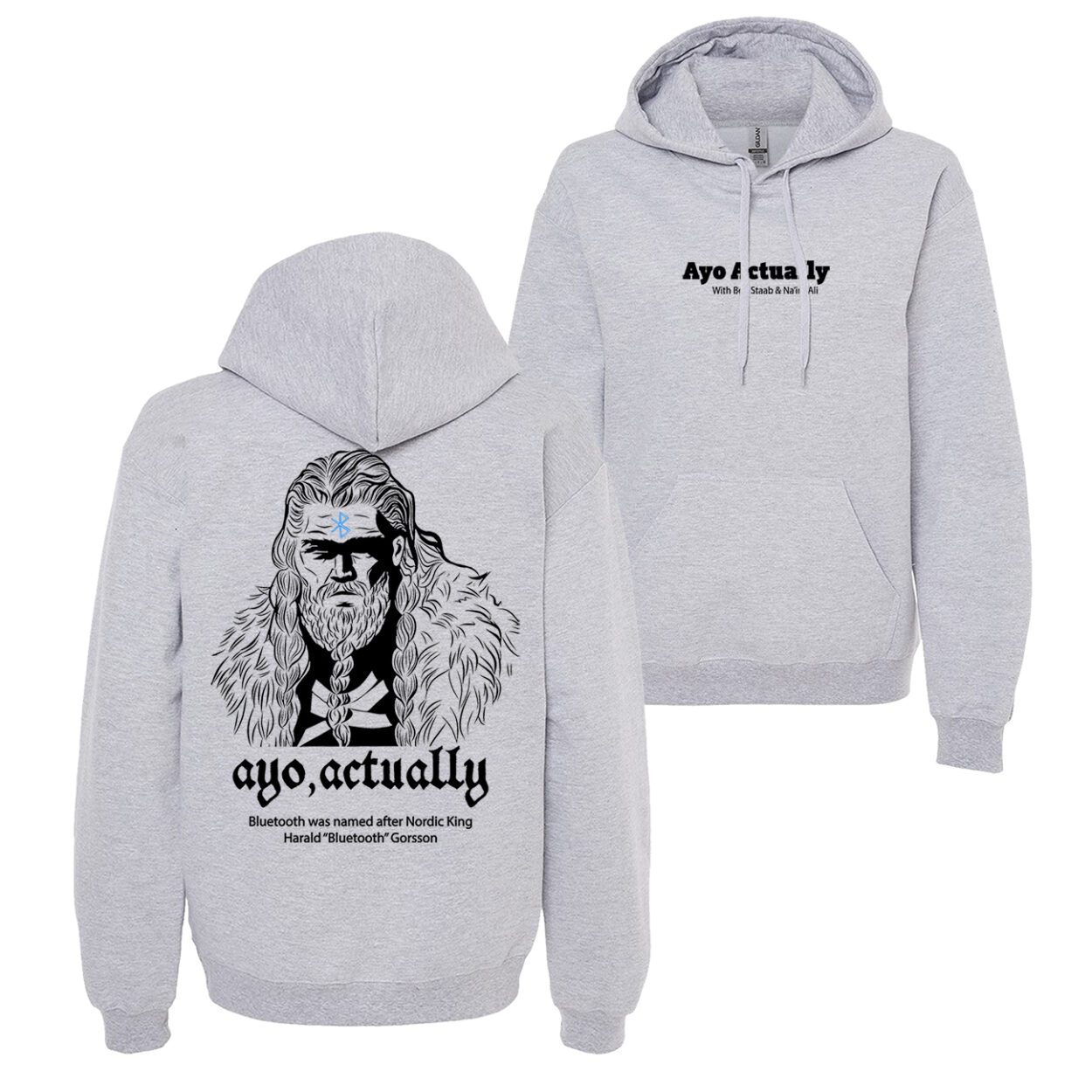 Bluetooth sport grey Ayo Actually Hoodie PODCAST MERCH
